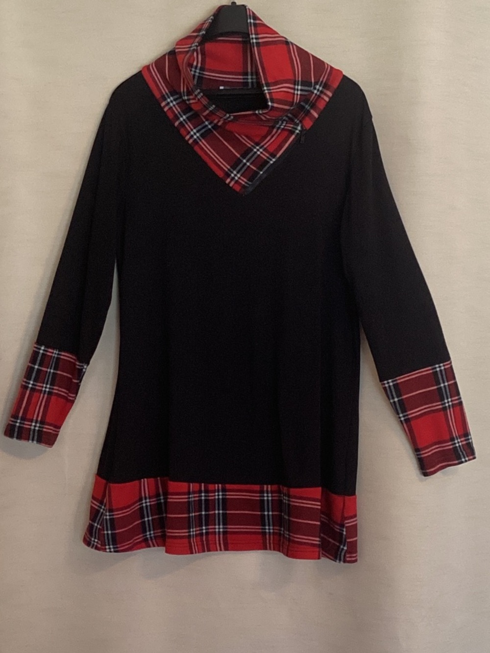 Black Youtalia Tunic with Red Plaid Trim